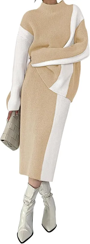 Pink Queen Women's 2 Piece Outfits 2024 Fall Winter Sweater Skirt Set Long Sleeve Oversized Top High Waist Color Block Dress