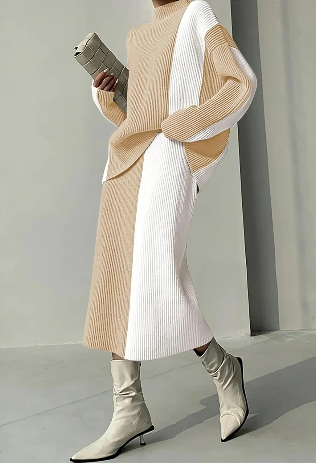 Pink Queen Women's 2 Piece Outfits 2024 Fall Winter Sweater Skirt Set Long Sleeve Oversized Top High Waist Color Block Dress