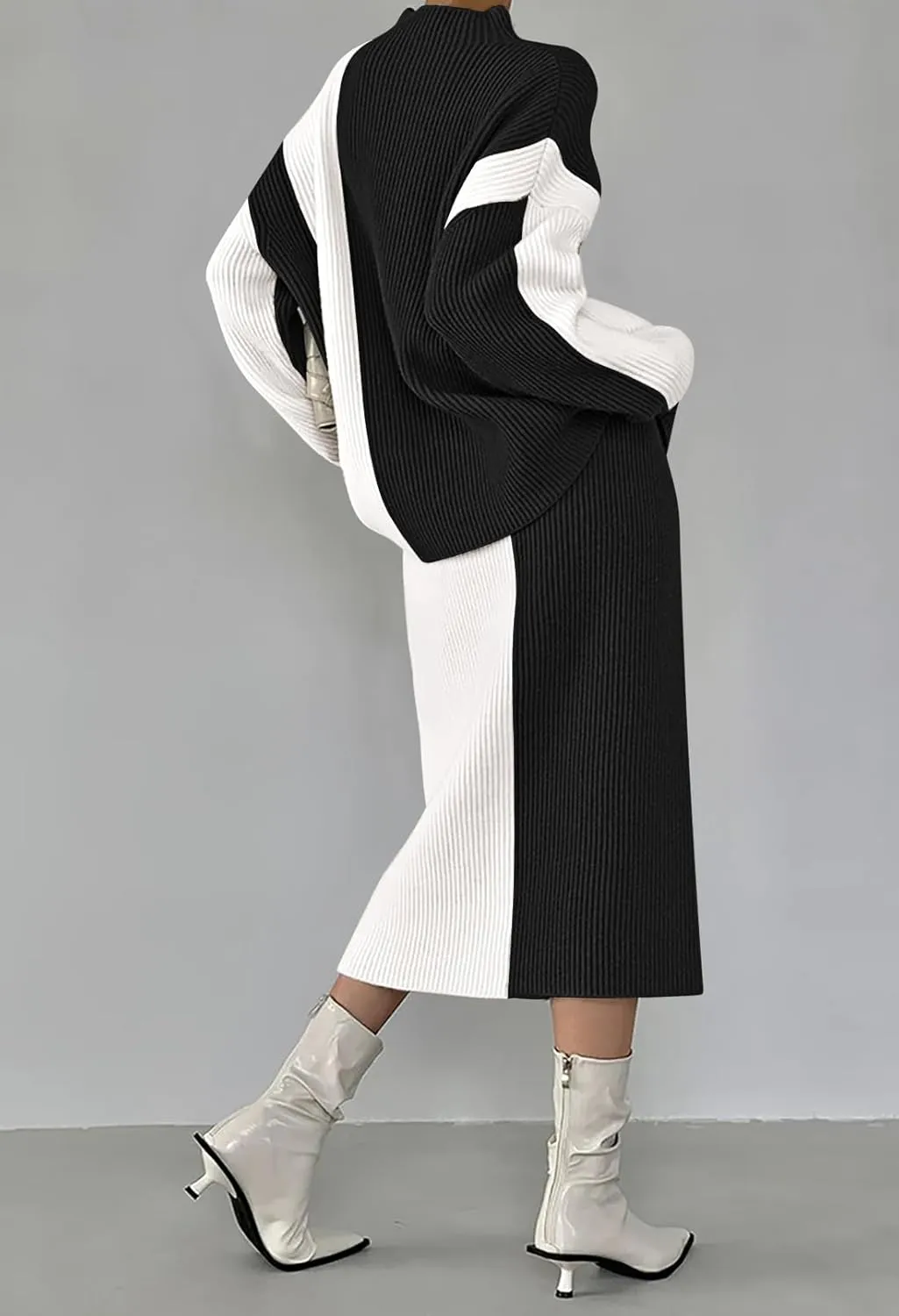 Pink Queen Women's 2 Piece Outfits 2024 Fall Winter Sweater Skirt Set Long Sleeve Oversized Top High Waist Color Block Dress