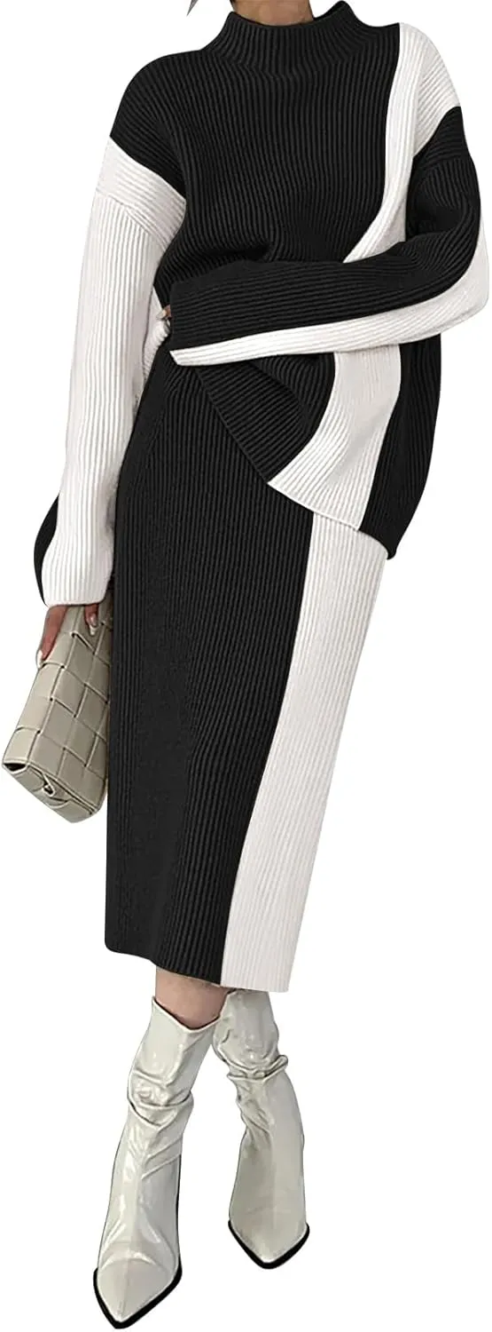 Pink Queen Women's 2 Piece Outfits 2024 Fall Winter Sweater Skirt Set Long Sleeve Oversized Top High Waist Color Block Dress