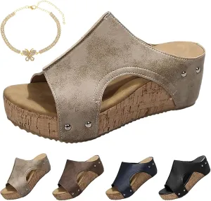Platform Sandals for Women 2025, Summer Cork Wedge Sandals, Women's Comfy Leather Wedge Non Slip Lightweight Shoes