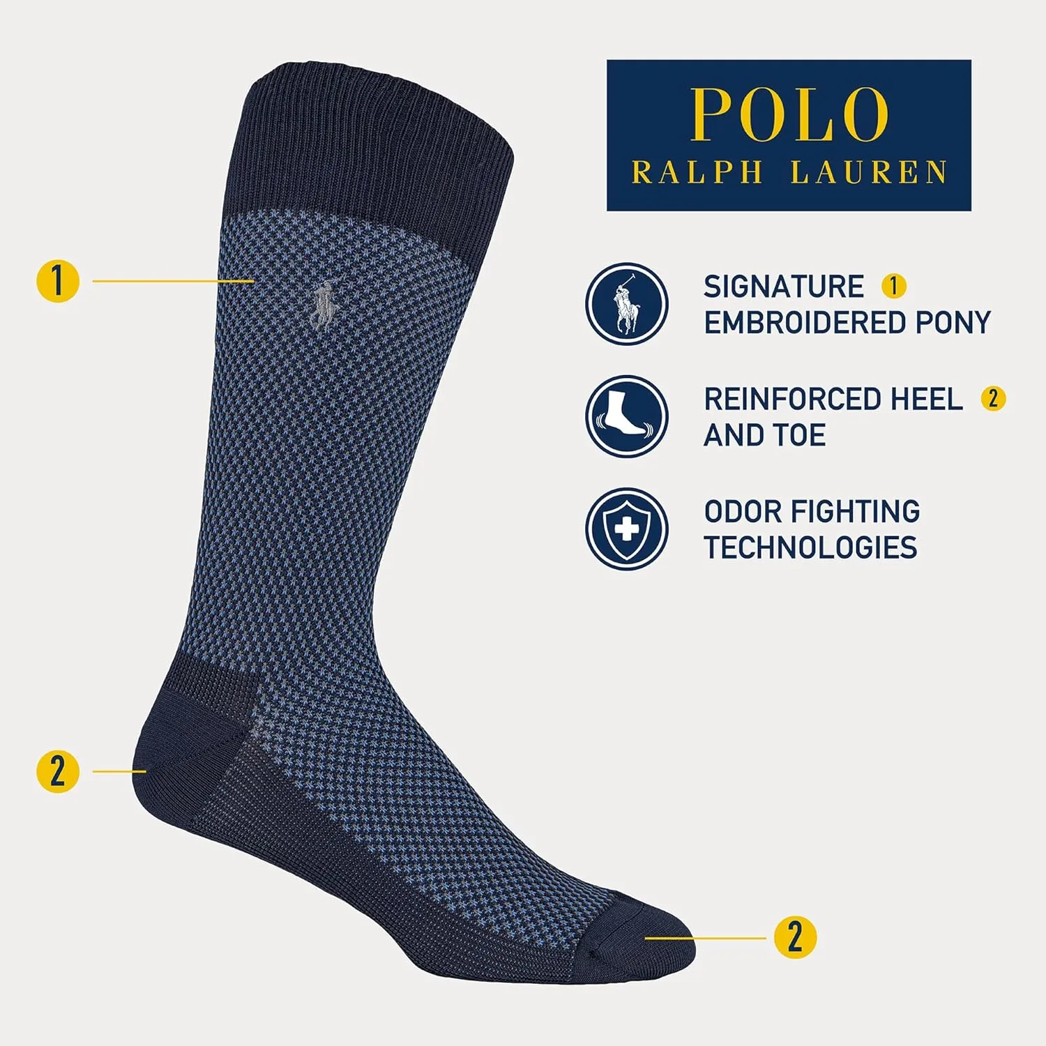POLO RALPH LAUREN Super Soft Birdseye Dress Crew Socks - 3 Pair Pack - Signature Embroidered Pony & Heel-toe Reinforcement