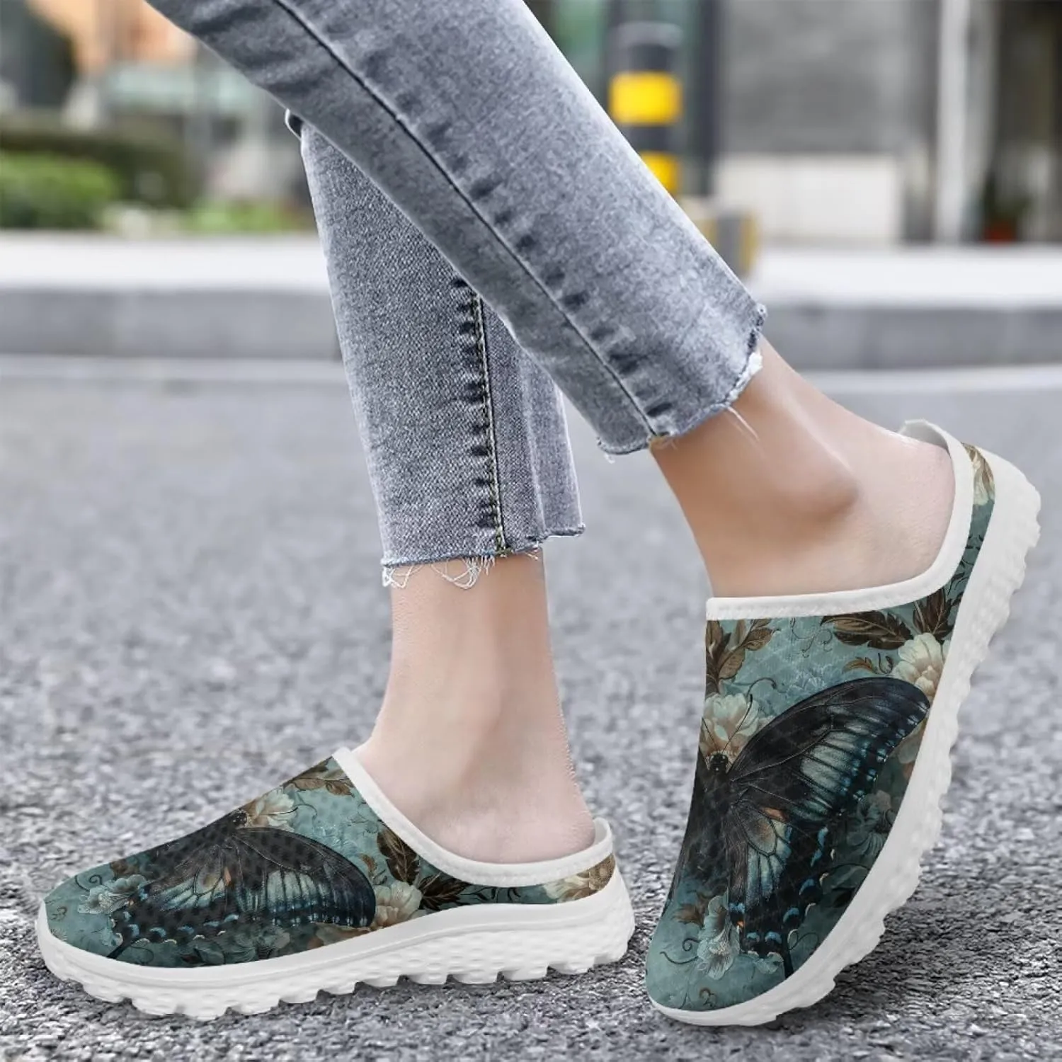 Printed Mules for Women Flats Pointed Toe Loafer Shoes Kint Mesh Clog Slippers Daily Footwear