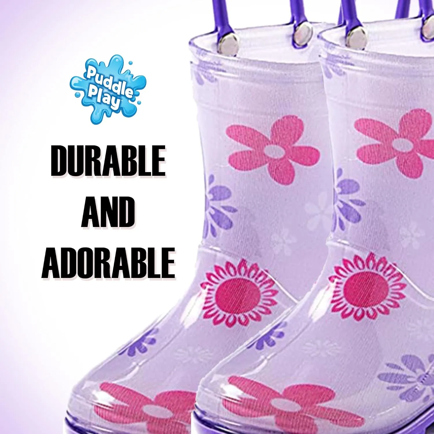 Puddle Play Toddler and Kids Waterproof PVC Rain Boots with Easy-On Handles – Lightweight Slip-Resistant Outdoor Boots for Boys and Girls