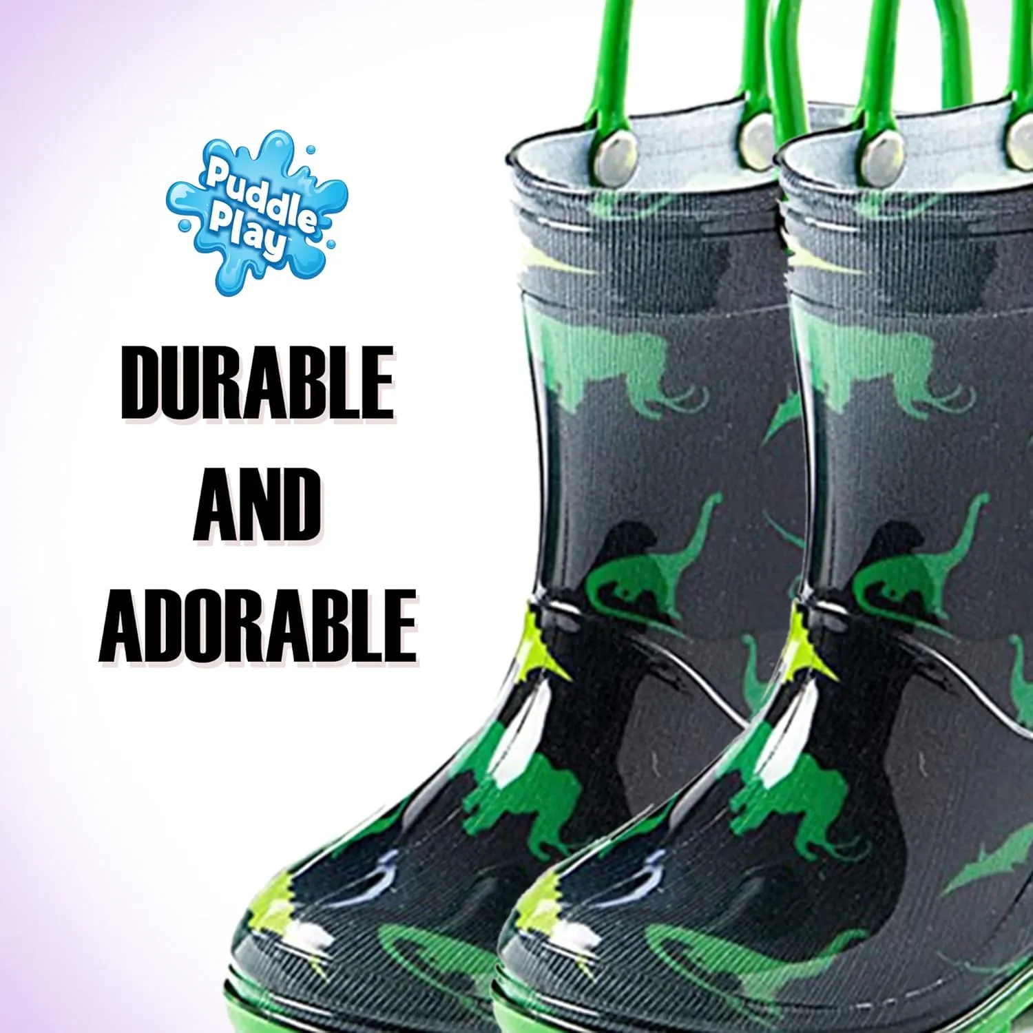 Puddle Play Toddler and Kids Waterproof PVC Rain Boots with Easy-On Handles – Lightweight Slip-Resistant Outdoor Boots for Boys and Girls