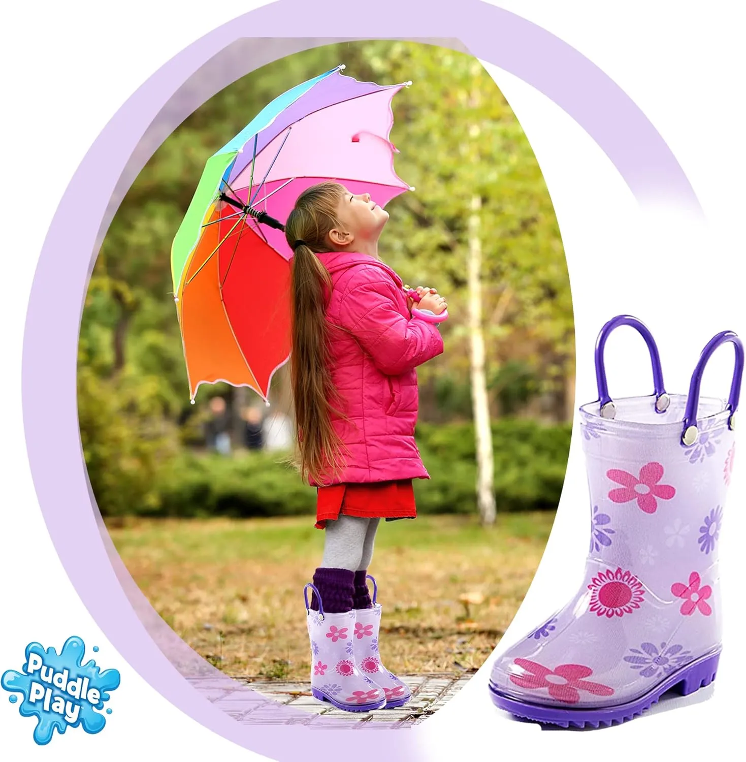 Puddle Play Toddler and Kids Waterproof PVC Rain Boots with Easy-On Handles – Lightweight Slip-Resistant Outdoor Boots for Boys and Girls