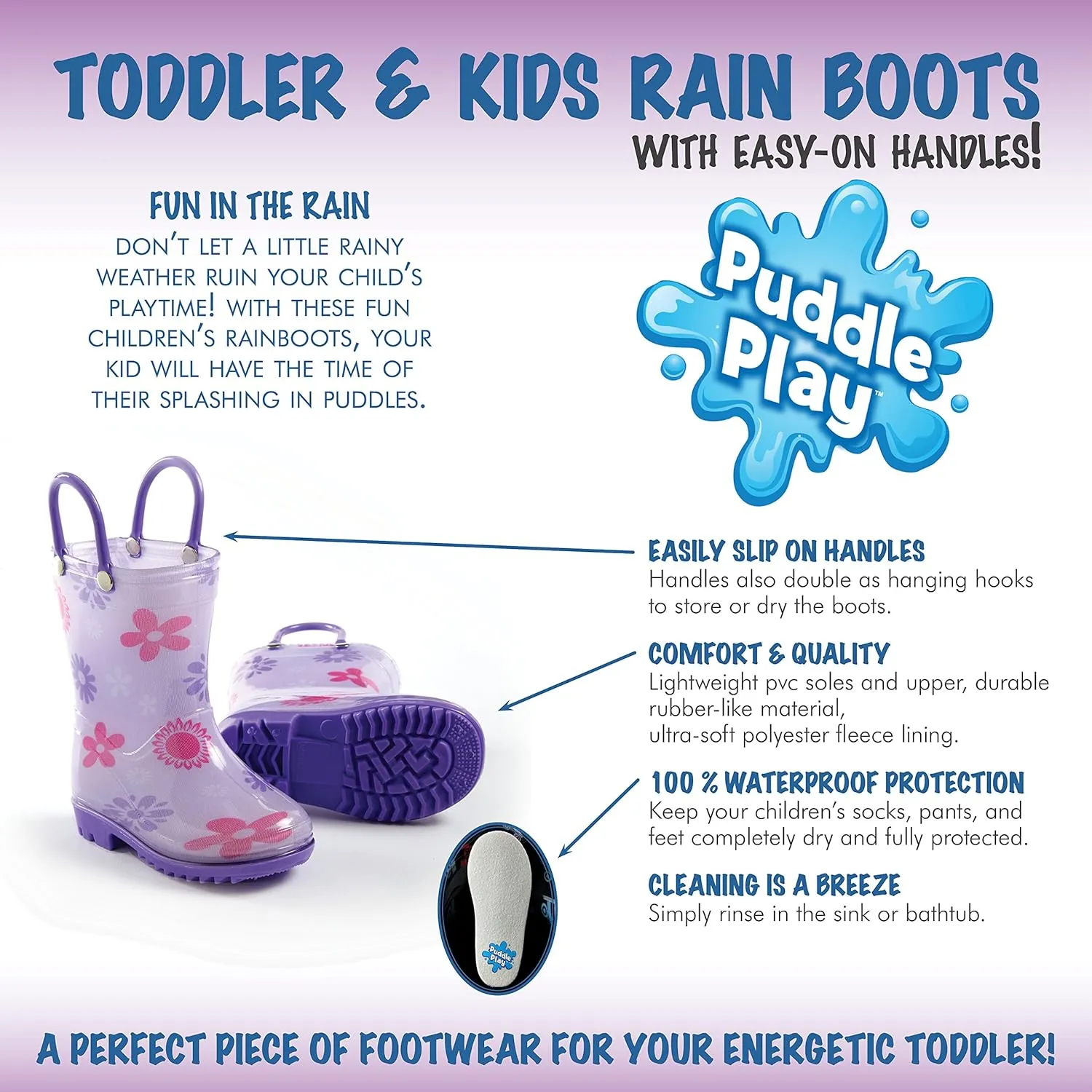 Puddle Play Toddler and Kids Waterproof PVC Rain Boots with Easy-On Handles – Lightweight Slip-Resistant Outdoor Boots for Boys and Girls