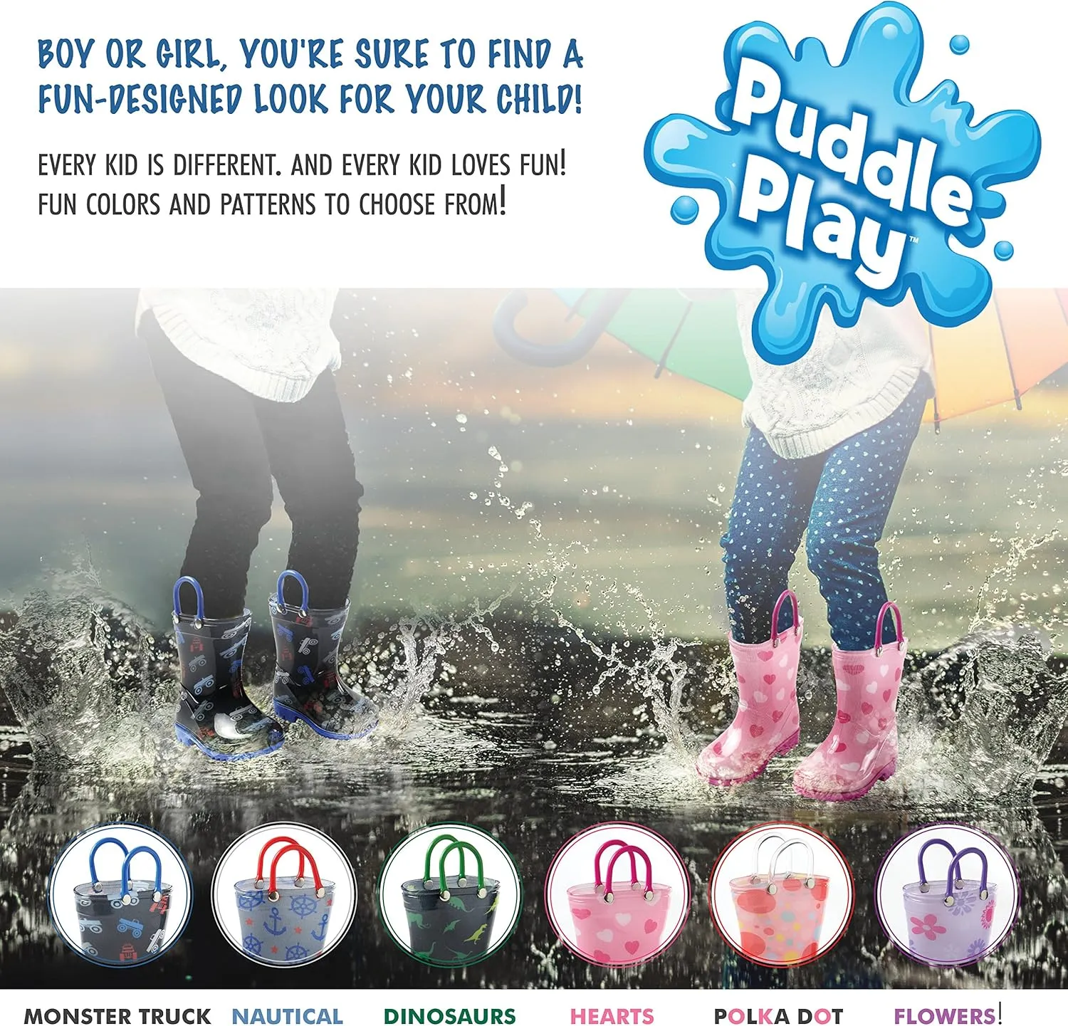 Puddle Play Toddler and Kids Waterproof PVC Rain Boots with Easy-On Handles – Lightweight Slip-Resistant Outdoor Boots for Boys and Girls