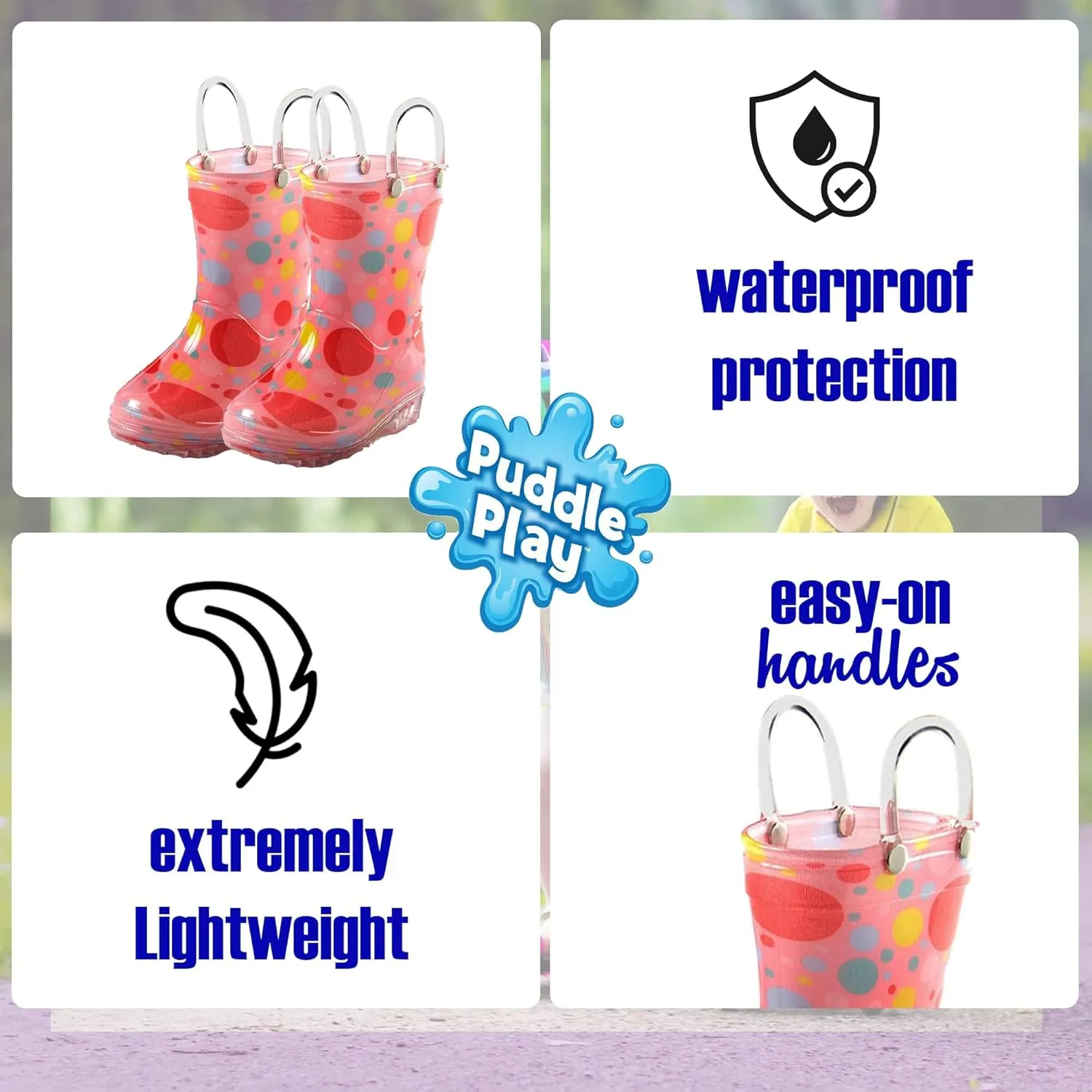 Puddle Play Toddler and Kids Waterproof PVC Rain Boots with Easy-On Handles – Lightweight Slip-Resistant Outdoor Boots for Boys and Girls