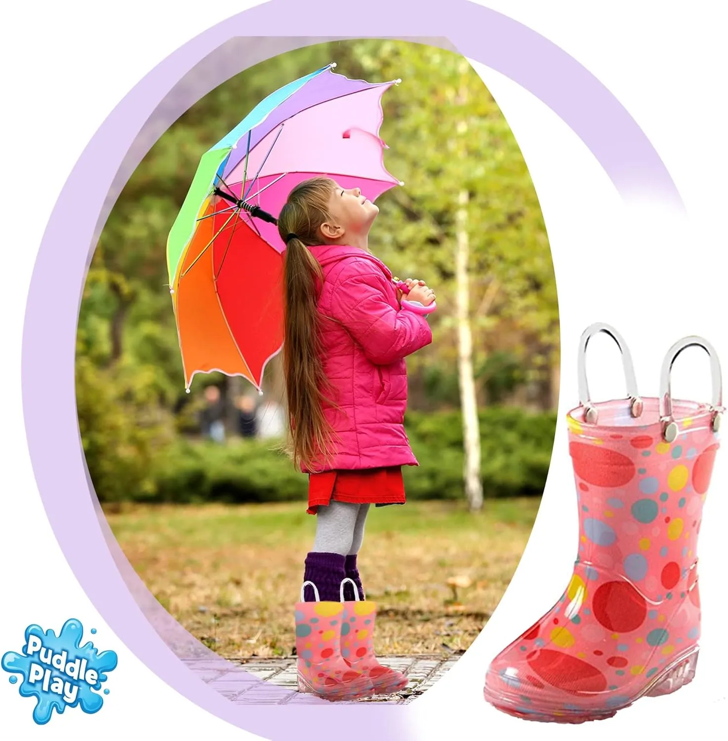 Puddle Play Toddler and Kids Waterproof PVC Rain Boots with Easy-On Handles – Lightweight Slip-Resistant Outdoor Boots for Boys and Girls