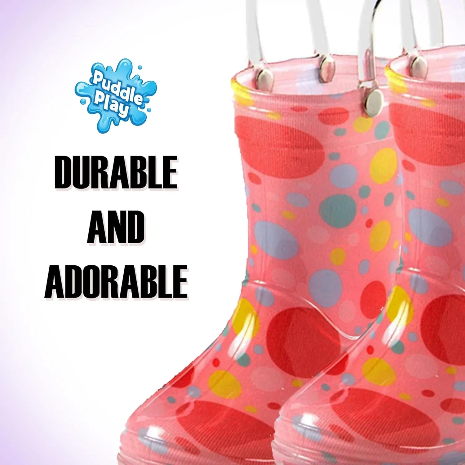 Puddle Play Toddler and Kids Waterproof PVC Rain Boots with Easy-On Handles – Lightweight Slip-Resistant Outdoor Boots for Boys and Girls