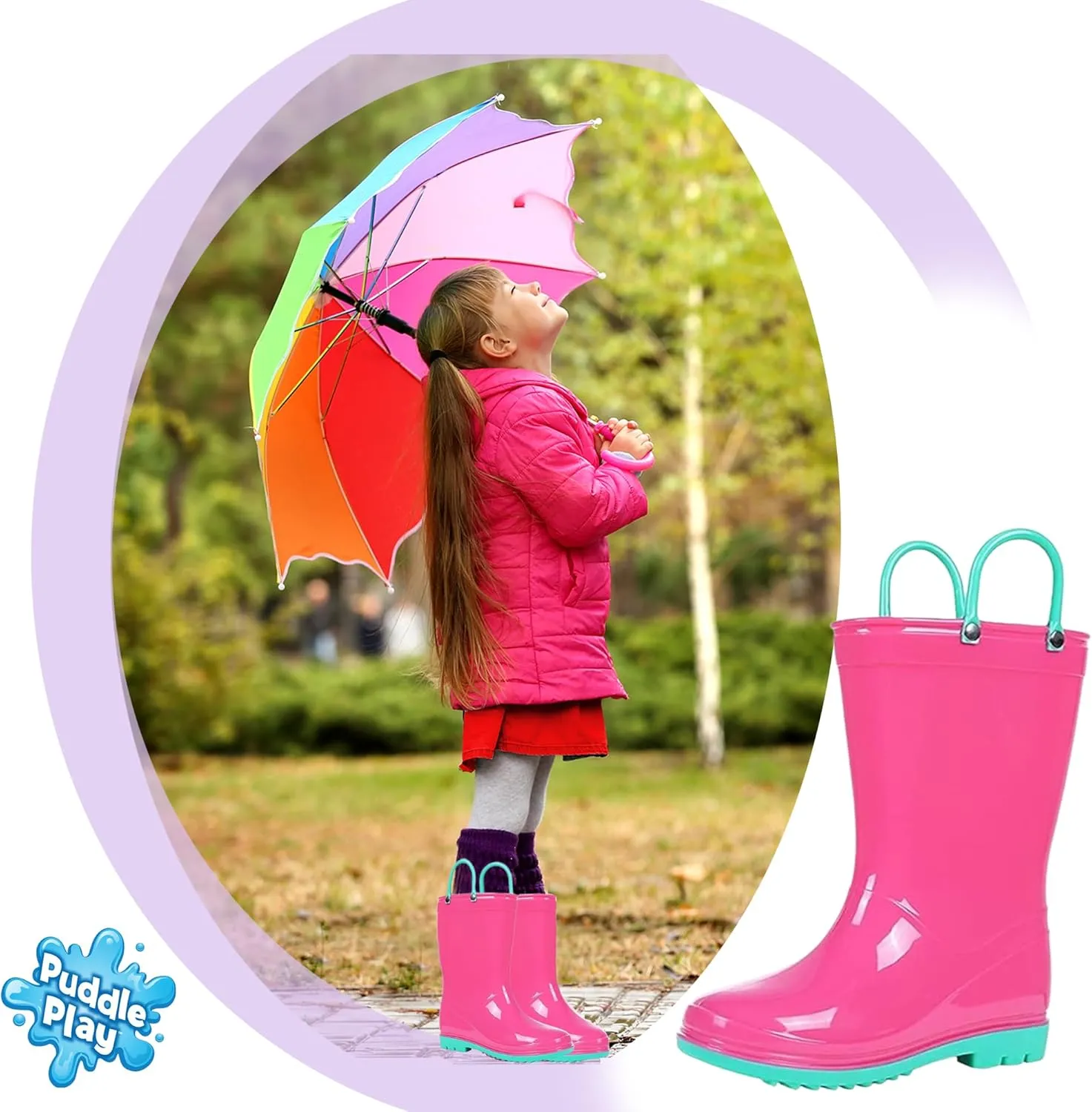 Puddle Play Toddler and Kids Waterproof PVC Rain Boots with Easy-On Handles – Lightweight Slip-Resistant Outdoor Boots for Boys and Girls