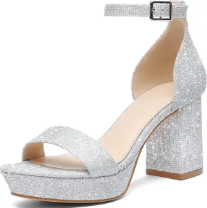 Putu Women's Rhinestone Heeled Sandals Glitter Chunky Heeled Sandals Open Toe Dressy Sandals for Wedding,Prom,Event