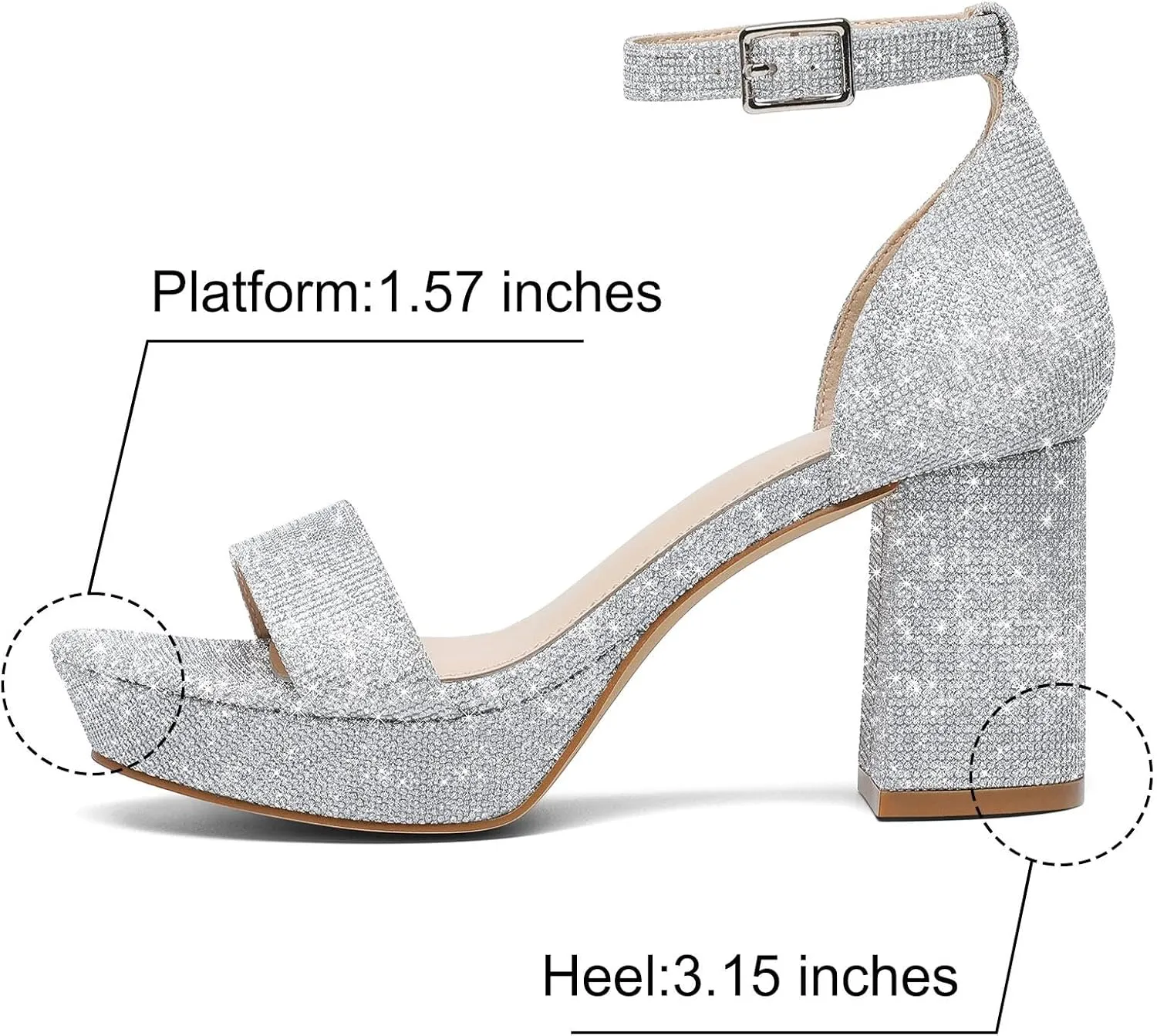 Putu Women's Rhinestone Heeled Sandals Glitter Chunky Heeled Sandals Open Toe Dressy Sandals for Wedding,Prom,Event