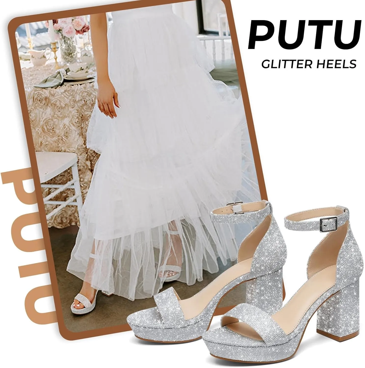 Putu Women's Rhinestone Heeled Sandals Glitter Chunky Heeled Sandals Open Toe Dressy Sandals for Wedding,Prom,Event