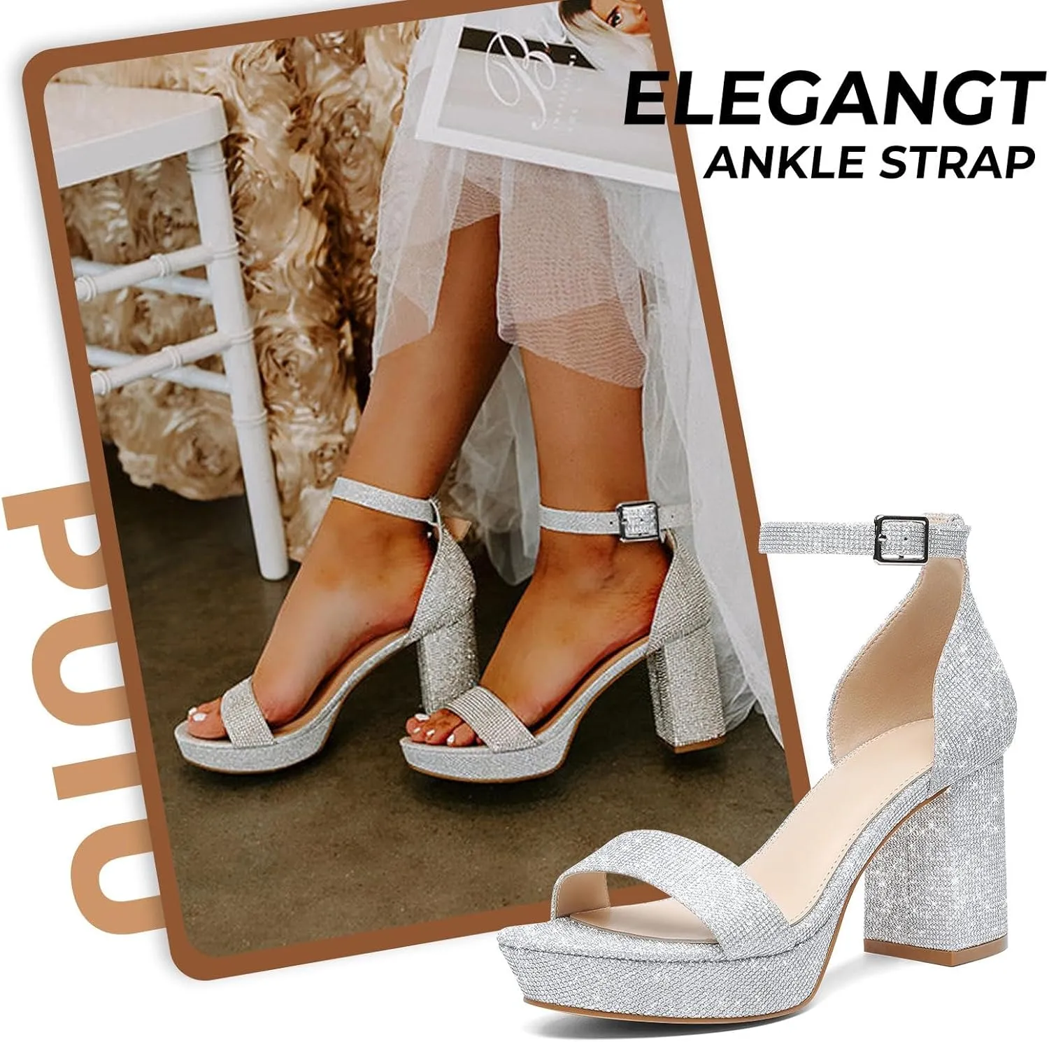 Putu Women's Rhinestone Heeled Sandals Glitter Chunky Heeled Sandals Open Toe Dressy Sandals for Wedding,Prom,Event