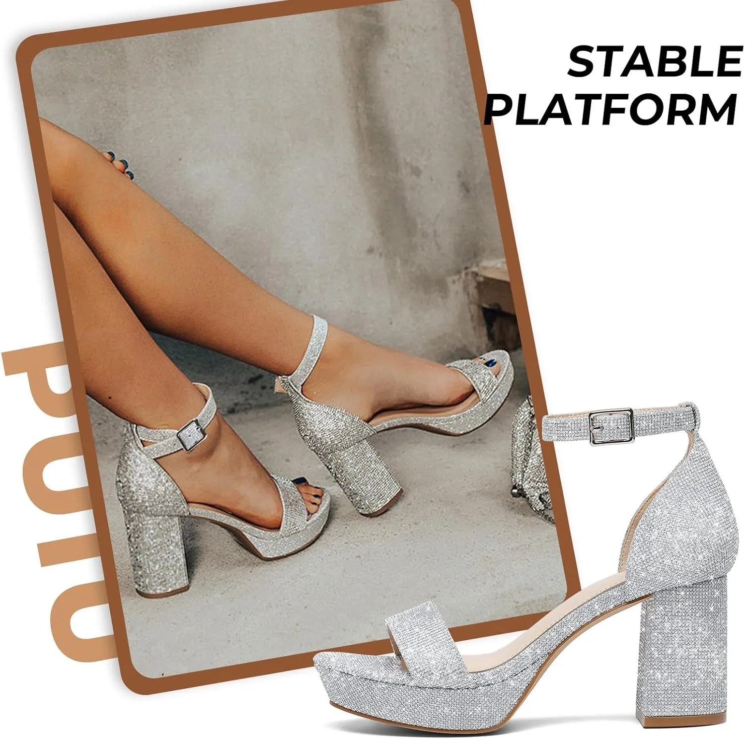 Putu Women's Rhinestone Heeled Sandals Glitter Chunky Heeled Sandals Open Toe Dressy Sandals for Wedding,Prom,Event