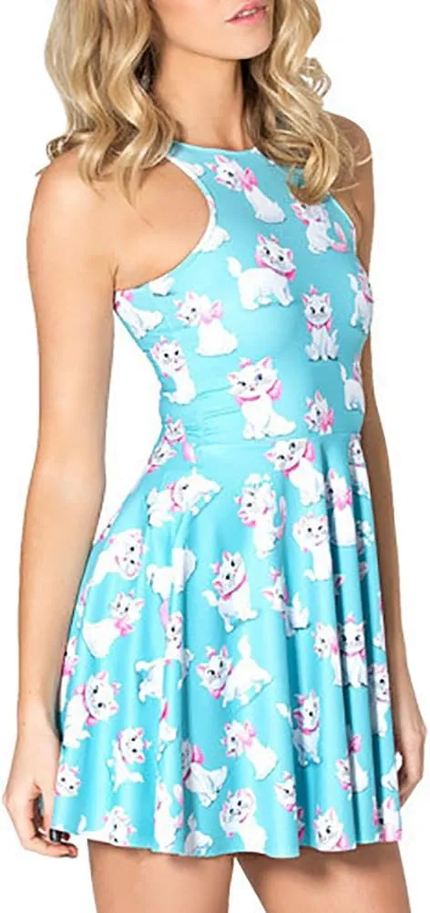 QZUnique Women's Cartoon Printed Stretchy Sleeveless Pleated Fit and Flare Skater Dress