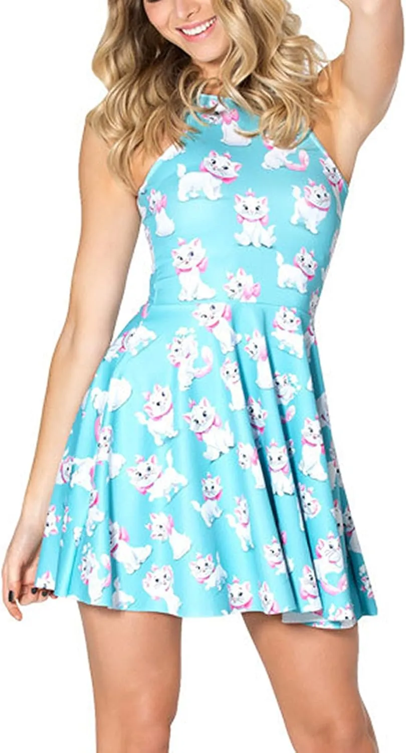 QZUnique Women's Cartoon Printed Stretchy Sleeveless Pleated Fit and Flare Skater Dress
