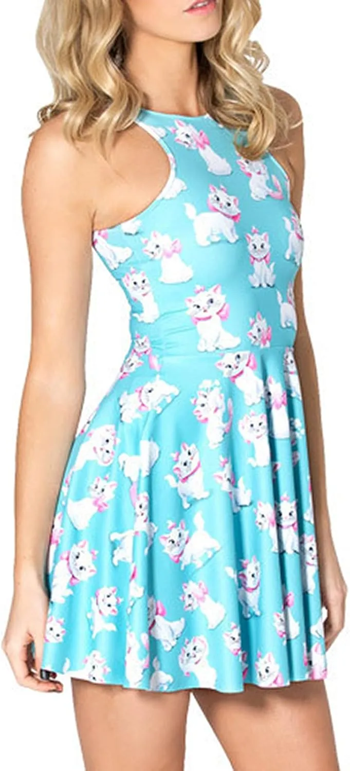 QZUnique Women's Cartoon Printed Stretchy Sleeveless Pleated Fit and Flare Skater Dress
