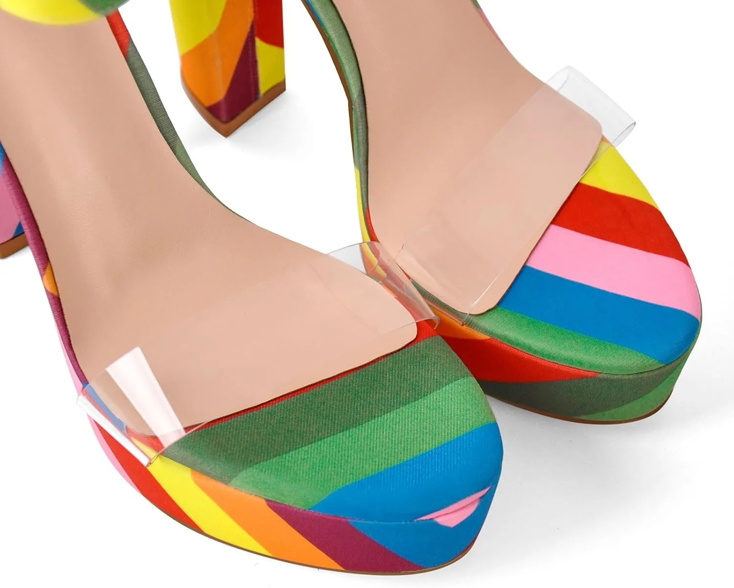 Rainbow Chunky Block High Platform Heel Peep Open Toe Sandals Ankle Strap