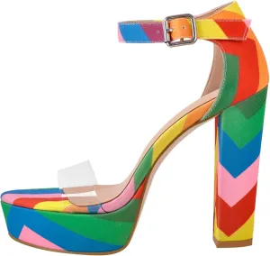 Rainbow Chunky Block High Platform Heel Peep Open Toe Sandals Ankle Strap