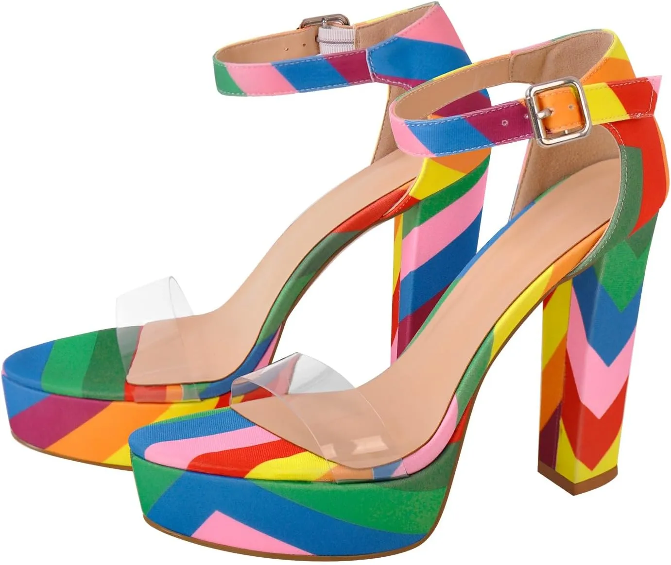 Rainbow Chunky Block High Platform Heel Peep Open Toe Sandals Ankle Strap