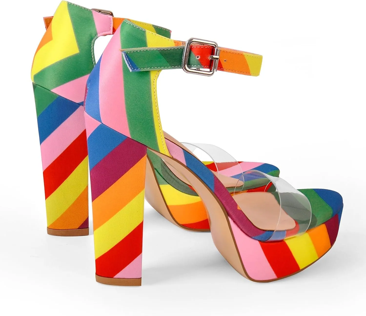 Rainbow Chunky Block High Platform Heel Peep Open Toe Sandals Ankle Strap