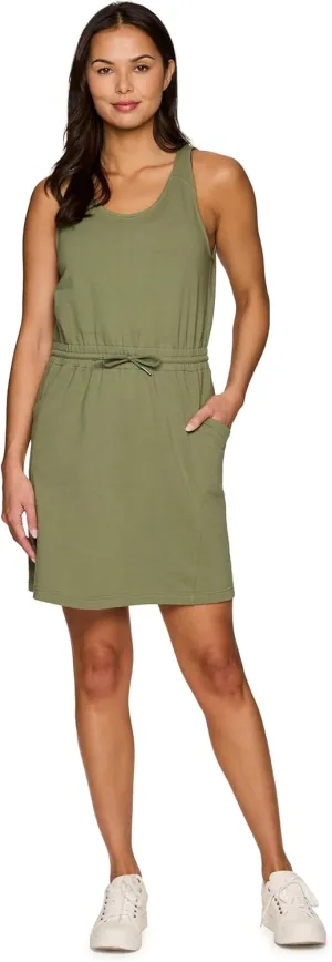 RBX Active Jersey Tank Dress Tunic for Women, Drawstring Waist Lightweight Heathered Cotton Blend Sun Dress with Pockets