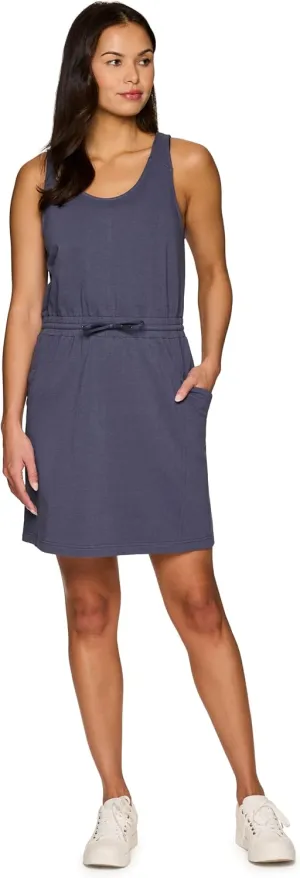 RBX Active Jersey Tank Dress Tunic for Women, Drawstring Waist Lightweight Heathered Cotton Blend Sun Dress with Pockets