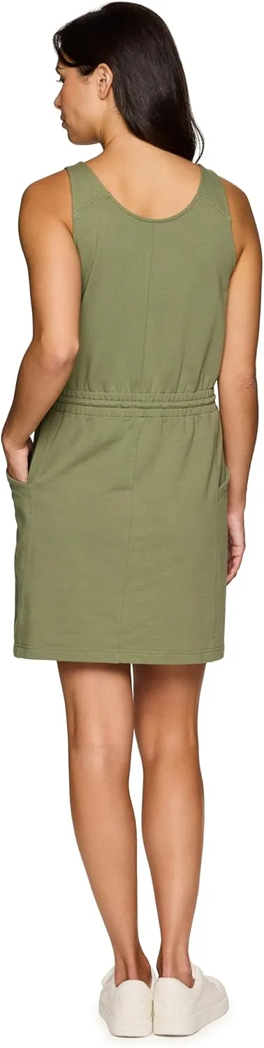 RBX Active Jersey Tank Dress Tunic for Women, Drawstring Waist Lightweight Heathered Cotton Blend Sun Dress with Pockets
