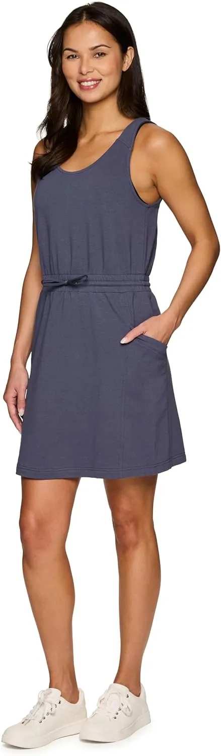 RBX Active Jersey Tank Dress Tunic for Women, Drawstring Waist Lightweight Heathered Cotton Blend Sun Dress with Pockets