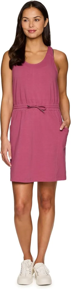 RBX Active Jersey Tank Dress Tunic for Women, Drawstring Waist Lightweight Heathered Cotton Blend Sun Dress with Pockets
