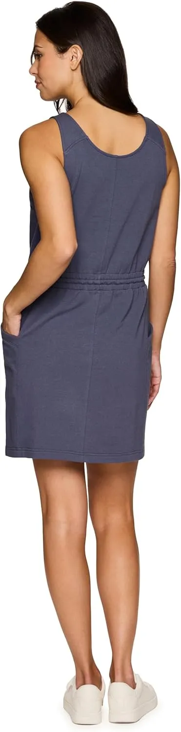 RBX Active Jersey Tank Dress Tunic for Women, Drawstring Waist Lightweight Heathered Cotton Blend Sun Dress with Pockets