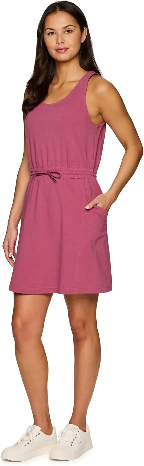 RBX Active Jersey Tank Dress Tunic for Women, Drawstring Waist Lightweight Heathered Cotton Blend Sun Dress with Pockets