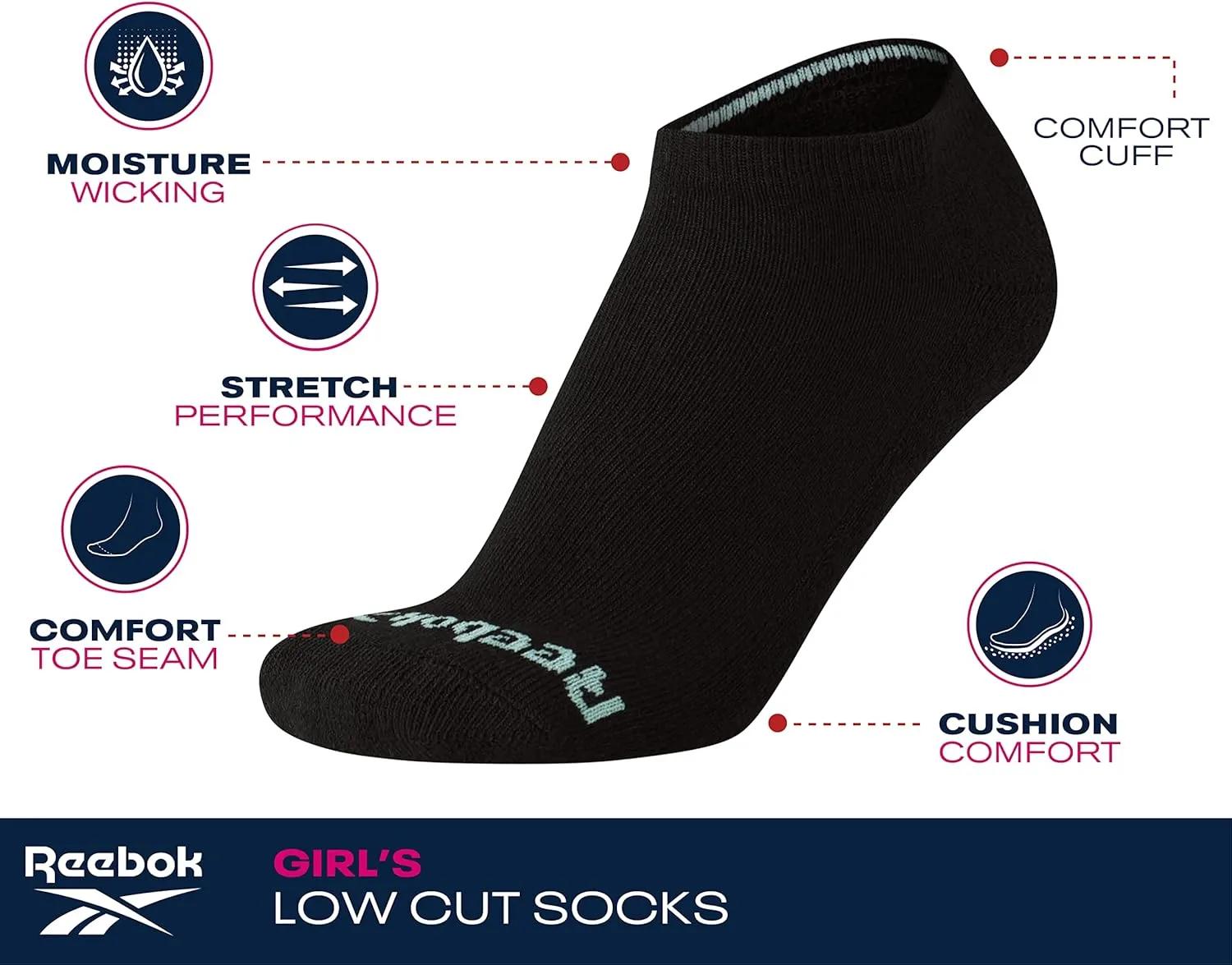 Reebok Girls' Low Cut Socks – 6 Pack Performance Cushion Low Cut No Show Socks for Girls - Girl's Athletic Socks