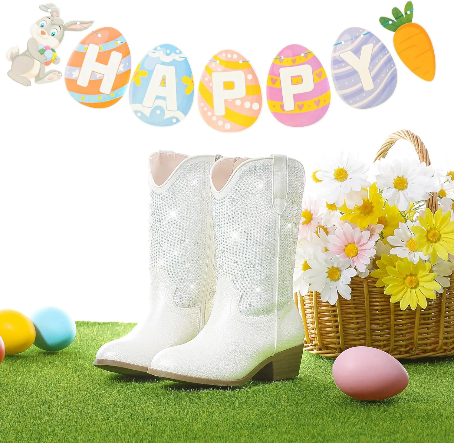Rhinestone Sparkly Girls Cowgirl Cowboy Boots Little Kids Dress Boot Pointed Toes Low Heel Mid Calf Zipper Party Birthday Toddler to Big Kid