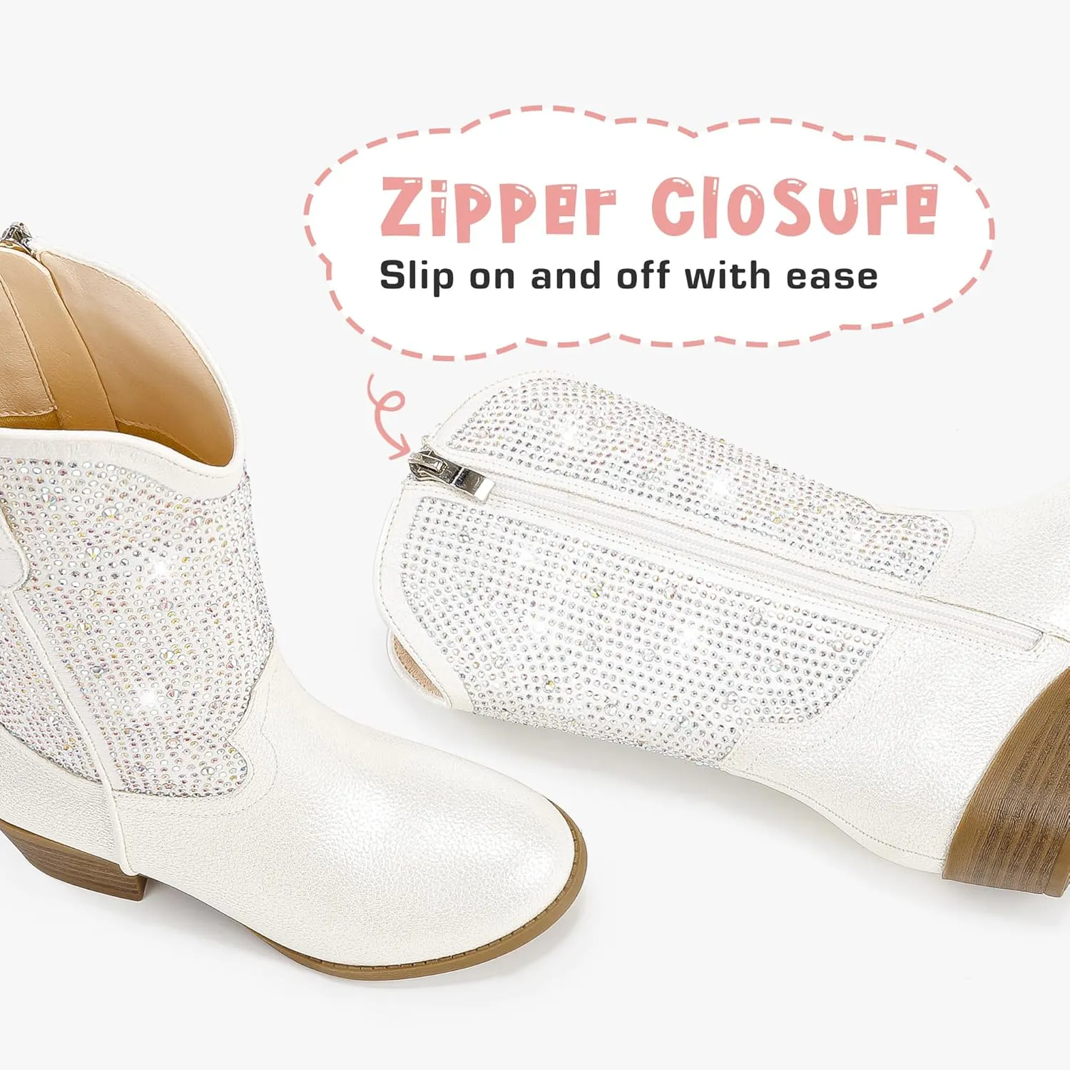 Rhinestone Sparkly Girls Cowgirl Cowboy Boots Little Kids Dress Boot Pointed Toes Low Heel Mid Calf Zipper Party Birthday Toddler to Big Kid