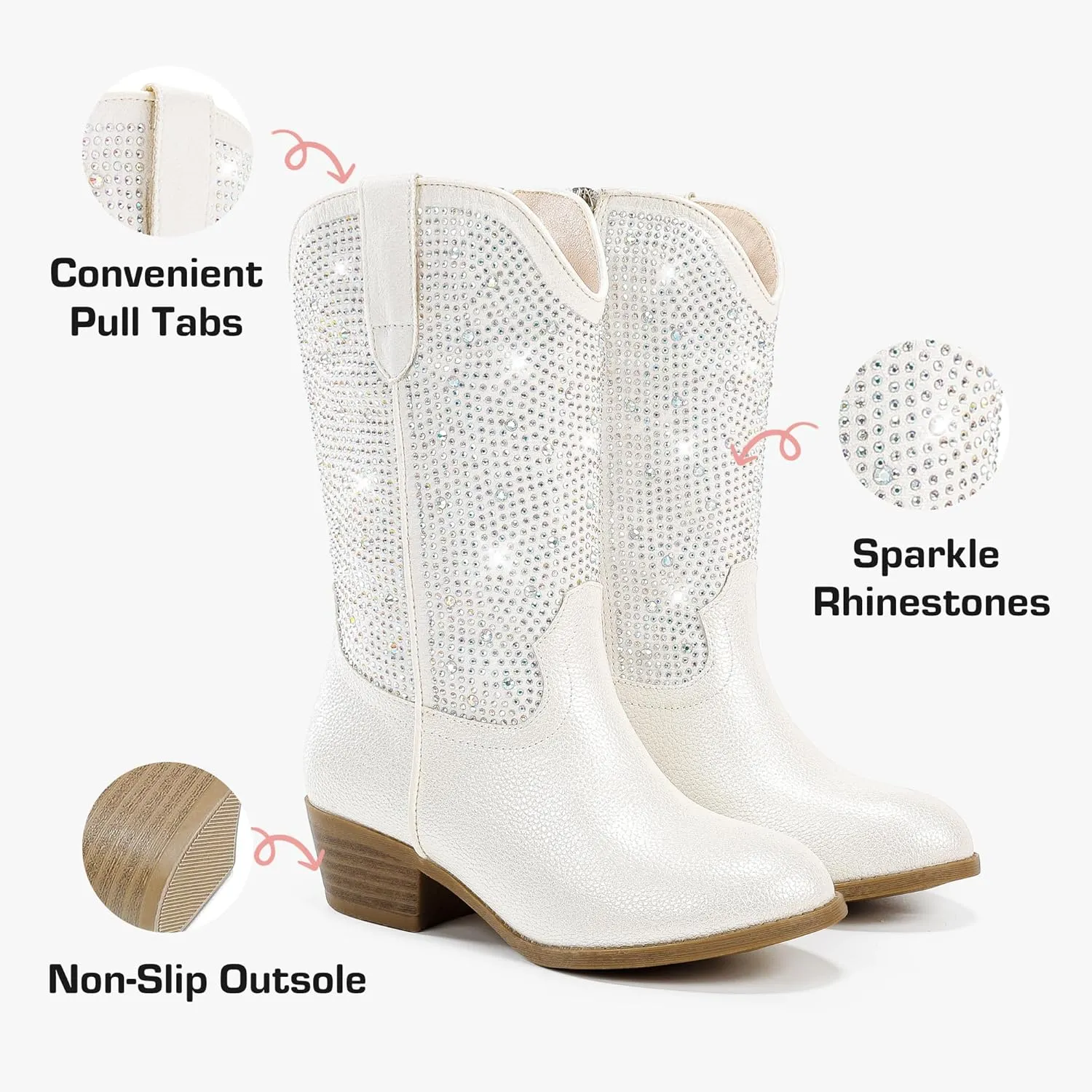 Rhinestone Sparkly Girls Cowgirl Cowboy Boots Little Kids Dress Boot Pointed Toes Low Heel Mid Calf Zipper Party Birthday Toddler to Big Kid