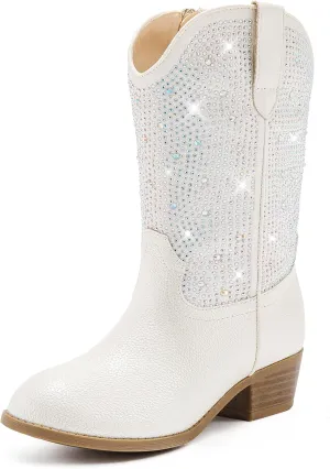 Rhinestone Sparkly Girls Cowgirl Cowboy Boots Little Kids Dress Boot Pointed Toes Low Heel Mid Calf Zipper Party Birthday Toddler to Big Kid
