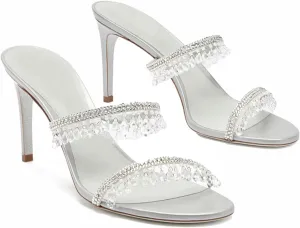 Rhinestone Tassel Heeled Sandals for Women Open Round Toe Stiletto High Heel Mules Sparkly Banquet Wedding Prom Shoes