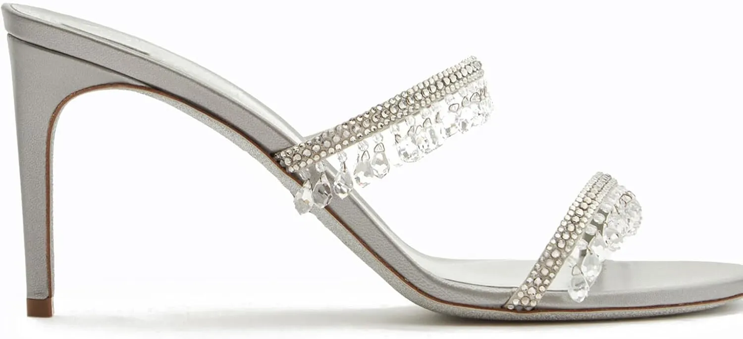 Rhinestone Tassel Heeled Sandals for Women Open Round Toe Stiletto High Heel Mules Sparkly Banquet Wedding Prom Shoes