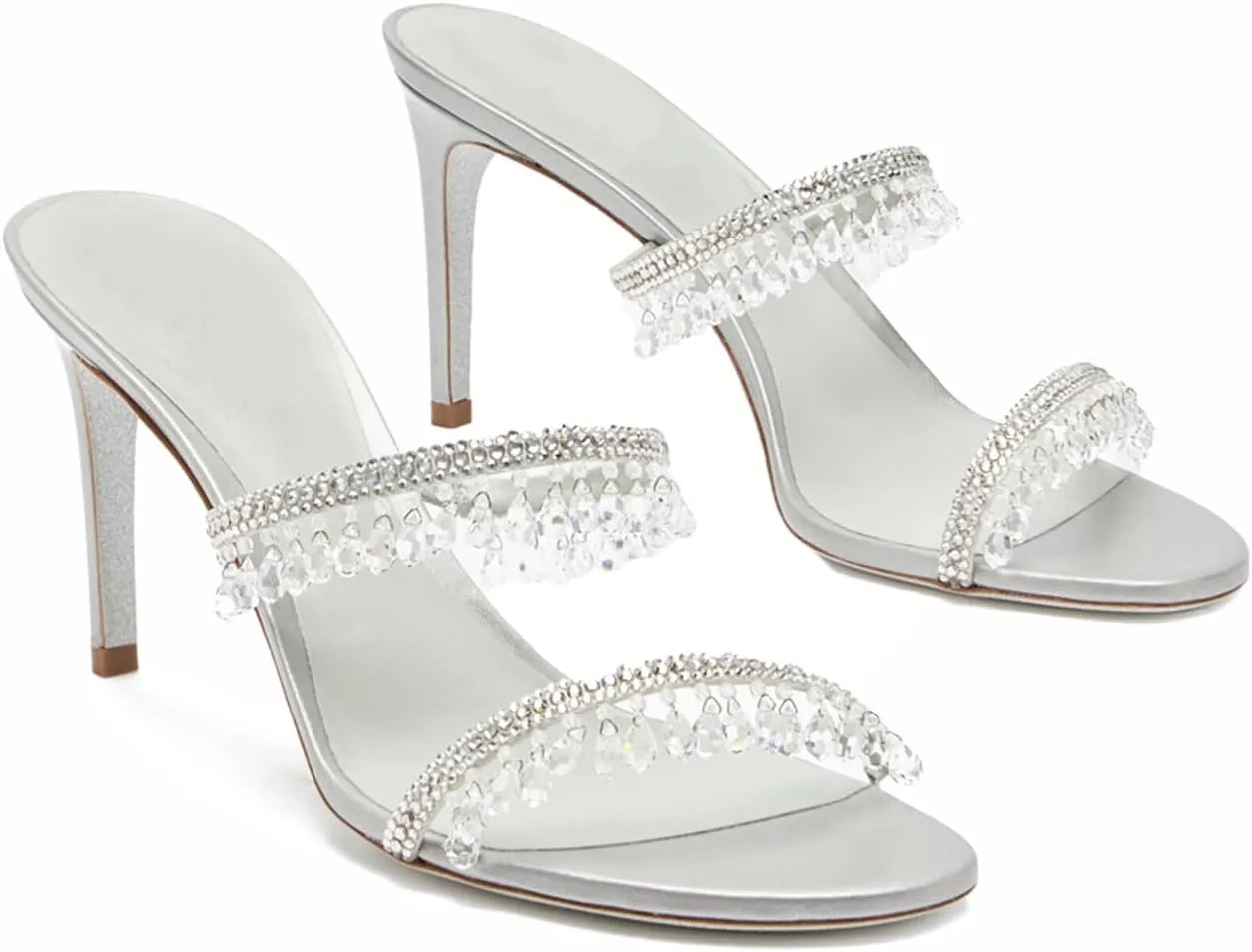 Rhinestone Tassel Heeled Sandals for Women Open Round Toe Stiletto High Heel Mules Sparkly Banquet Wedding Prom Shoes