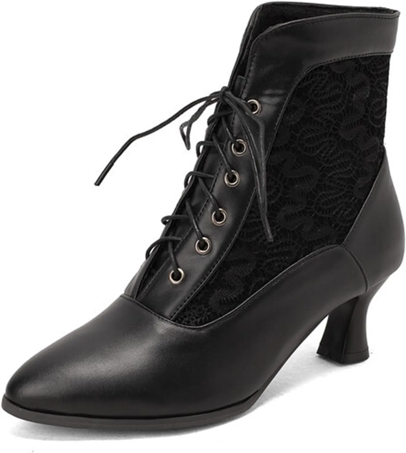RiceelSor Women Lace Pointy Toe Kitten Heel Victorian Witch Boots Lace Up Round Toe Comfortable Bridal Costume Chunky Heel Plus Size Ankle Booties