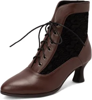 RiceelSor Women Lace Pointy Toe Kitten Heel Victorian Witch Boots Lace Up Round Toe Comfortable Bridal Costume Chunky Heel Plus Size Ankle Booties
