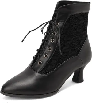 RiceelSor Women Lace Pointy Toe Kitten Heel Victorian Witch Boots Lace Up Round Toe Comfortable Bridal Costume Chunky Heel Plus Size Ankle Booties