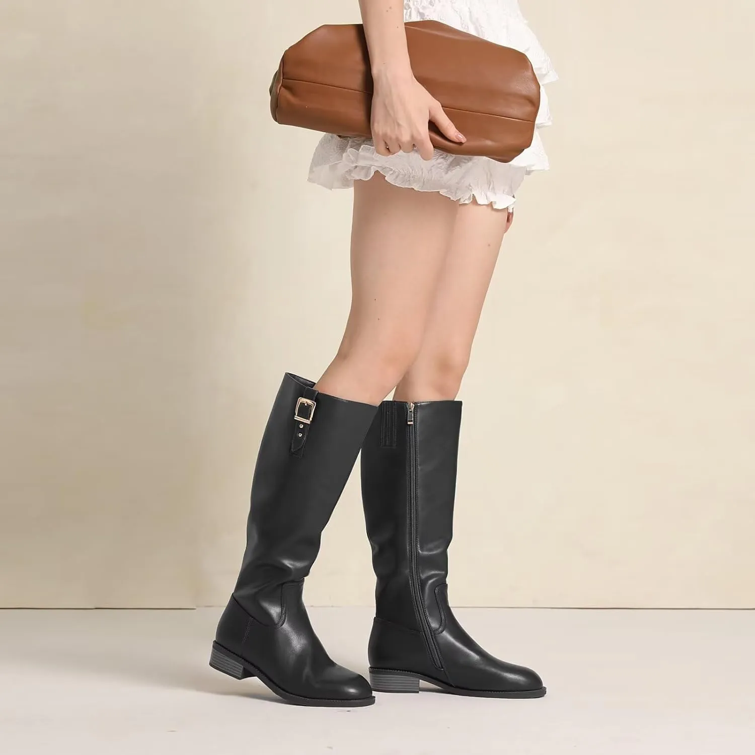 Riding Boots for Women Knee High Boots Round Toe Motorcycle Low Chunky Heel Boots for Women