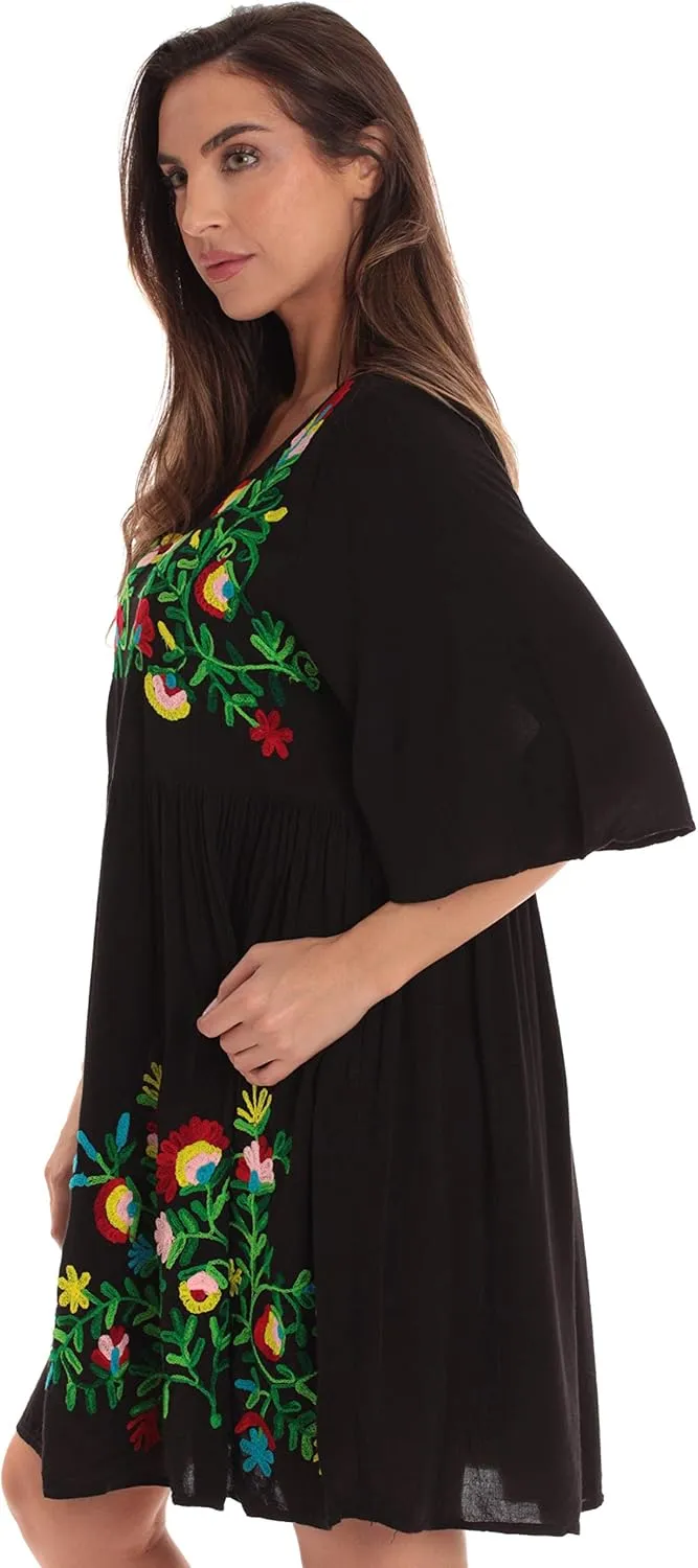 Riviera Sun Rayon Crepe Short Dress with Multicolored Embroidery
