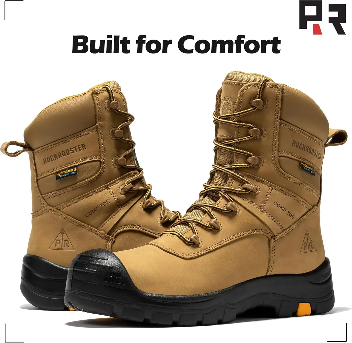 ROCKROOSTER Beaufort CSA Men's Work Boots, 8" Composite Toe Waterproof Black Vibram Rubber Lace up Leather Construction Boots, Metal Free, Cut Resistant, ASTM F2413-18 PR EH, VAK830