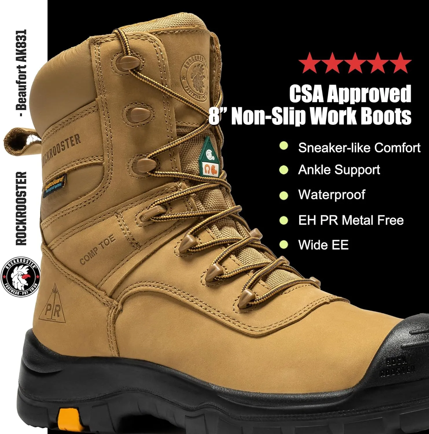 ROCKROOSTER Beaufort CSA Men's Work Boots, 8" Composite Toe Waterproof Black Vibram Rubber Lace up Leather Construction Boots, Metal Free, Cut Resistant, ASTM F2413-18 PR EH, VAK830